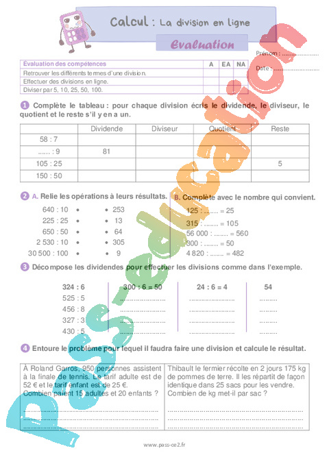 La Division En Ligne valuation De Calcul 5 me Harmos PDF Imprimer