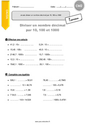 Comment diviser un nombre décimal par 10, 100 ou 1000 - Exercices avec correction : 7ème Harmos - PDF à imprimer