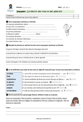 Le féminin des noms et des adjectifs - Examen Evaluation - Bilan : 6ème Harmos - PDF à imprimer