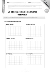 La soustraction des nombres décimaux - Examen Evaluation - Bilan : 7ème Harmos - PDF à imprimer