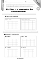 Addition des nombres décimaux - Examen Evaluation - Bilan : 7ème Harmos - PDF à imprimer