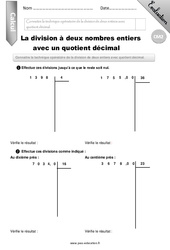 Division d'entiers avec quotient décimal - Examen Evaluation - Bilan : 7ème Harmos - PDF à imprimer