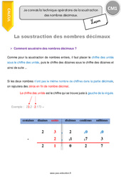 Technique opératoire de la soustraction des nombres décimaux - Cours, Leçon : 6ème Harmos - PDF gratuit à imprimer