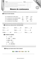 Mesure de contenance - Examen Evaluation - Bilan : 6ème Harmos - PDF à imprimer