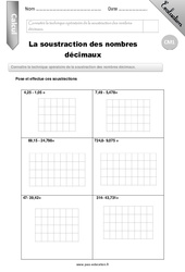 Soustraction des nombres décimaux - Examen Evaluation - Bilan : 6ème Harmos - PDF à imprimer