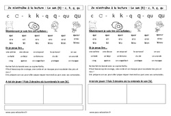 Son k - Fiches c, k, q, qu - Phonologie - Etude des sons : 3eme Harmos - PDF à imprimer