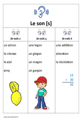 Son s - c, ç, t - Affichage pour la classe : 3eme Harmos - PDF à imprimer