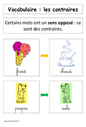 Les contraires - Affiche pour la classe - Vocabulaire : 3eme Harmos - PDF à imprimer