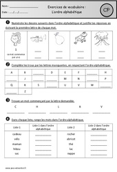 Exercices - Ordre alphabétique - Vocabulaire : 3eme Harmos - PDF à imprimer