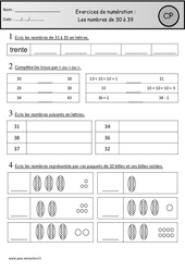 Exercices - Nombres de 30 à 39 : 3eme Harmos - PDF à imprimer