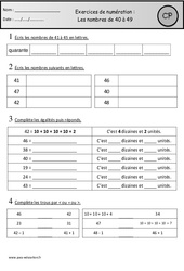 Exercices - Nombres de 40 à 49 : 3eme Harmos - PDF à imprimer