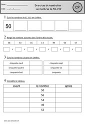 Exercices - Nombres de 50 à 59 : 3eme Harmos - PDF à imprimer