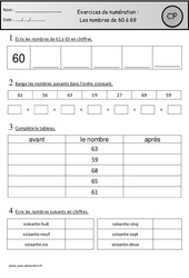 Exercices - Nombres de 60 à 69 : 3eme Harmos - PDF à imprimer