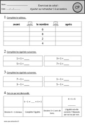 Exercices - Ajouter ou retrancher 1 à un nombre - Calcul : 3eme Harmos - PDF à imprimer