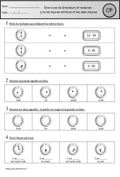 Exercices - Lire les heures entières et demi - heures : 3eme Harmos - PDF à imprimer