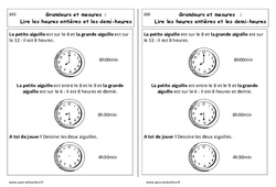 Lire les heures entières et demi - heures - Cours, Leçon : 3eme Harmos - PDF gratuit à imprimer