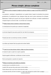 Exercices avec correction - Phrase simple - Phrase complexe : 7ème Harmos - PDF à imprimer