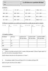 Division avec quotient décimal - Révisions avec correction : 7ème Harmos - PDF à imprimer