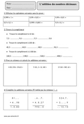 Addition des nombres décimaux - Révisions  : 7ème Harmos - PDF à imprimer