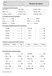 Mesures de masse - Masse g, kg - Exercices avec correction : 7ème Harmos - PDF à imprimer