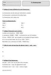 Homonymes - Exercices avec correction : 6ème Harmos - PDF à imprimer