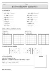 Addition des nombres décimaux - Révisions avec correction : 6ème Harmos - PDF à imprimer