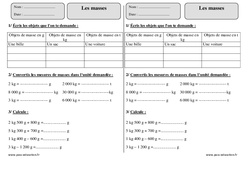 Masses  g, kg - Exercices  : 5ème Harmos - PDF à imprimer