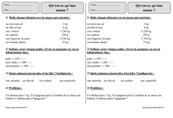 Masse g, kg - Exercices  : 4ème Harmos - PDF à imprimer