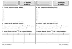 Nombres  de 0 à 20 - Exercices  : 4ème Harmos - PDF à imprimer