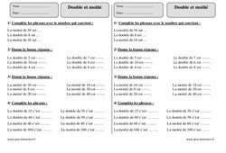 Double et moitié - Exercices  : 4ème Harmos - PDF à imprimer