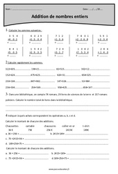 Nombres entiers - Addition - Exercices  : 6ème Harmos - PDF à imprimer