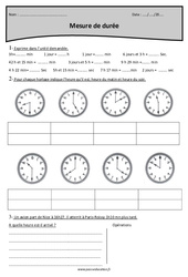 Mesure de durée - Exercices  : 6ème Harmos - PDF à imprimer