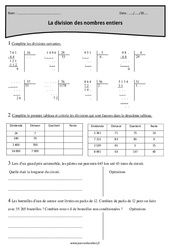 Nombres entiers - Division - Exercices- Fiches dividende, diviseur, quotient, reste : 7ème Harmos - PDF à imprimer