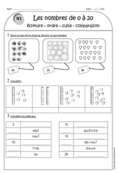 Nombres de 0 à 20 - Exercices sur écriture - ordre - suite et comparaison : 4ème Harmos - PDF à imprimer