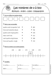 Nombres de 0 à 500 - Exercices- Fiches Ecriture - Ordre - Suite : 4ème Harmos - PDF à imprimer