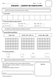 Addition des nombres entiers - Examen Evaluation : 6ème Harmos - PDF à imprimer