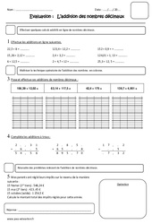 Addition des nombres décimaux - Examen Evaluation : 6ème Harmos - PDF à imprimer