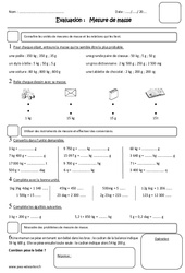 Masse g, kg - Examen Evaluation - Mesure de masse : 6ème Harmos - PDF à imprimer