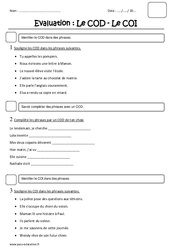 COD - COI - Examen Evaluation - Complément d'objet direct et indirect : 5ème Harmos - PDF à imprimer
