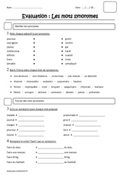 Synonymes - Examen Evaluation : 5ème Harmos - PDF à imprimer
