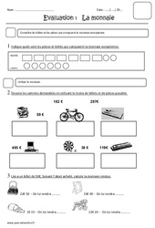 Monnaie - Euro - Examen Evaluation : 5ème Harmos - PDF à imprimer