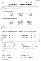 Mesure de masses g, kg - Examen Evaluation : 5ème Harmos - PDF à imprimer