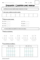 Addition avec retenue - Examen Evaluation : 4ème Harmos - PDF à imprimer