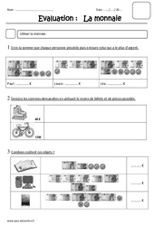 Monnaie - Euro - Examen Evaluation : 4ème Harmos - PDF à imprimer