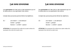 Synonymes - Cours, Leçon : 5ème Harmos - PDF gratuit à imprimer