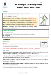 Comment distinguer les homophones mais - mes - mets - met - Séquence - Fiche de préparation : 6ème Harmos - PDF à imprimer