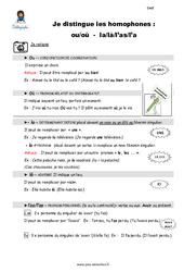 Distinguez les homophones - Fiches ou - où - la - là - l’as - l’a - Cours, Leçon : 6ème, 7ème Harmos - PDF gratuit à imprimer