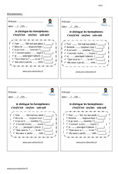 Comment distinguer les homophones- Fiches c’est/s’est - ces/ses - sais,sait - Entrainement - Examen Evaluation - Bilan avec correction : 7ème Harmos - PDF à imprimer