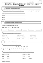 Nombres décimaux - Examen Evaluation - Comparer, décomposer, encadrer : 7ème Harmos - PDF à imprimer