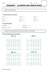 Division des nombres entiers - Examen Evaluation : 7ème Harmos - PDF à imprimer